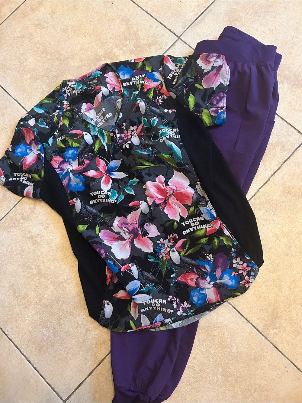 Cherokee Floral Toucan Print Scrub Top with Black Panels